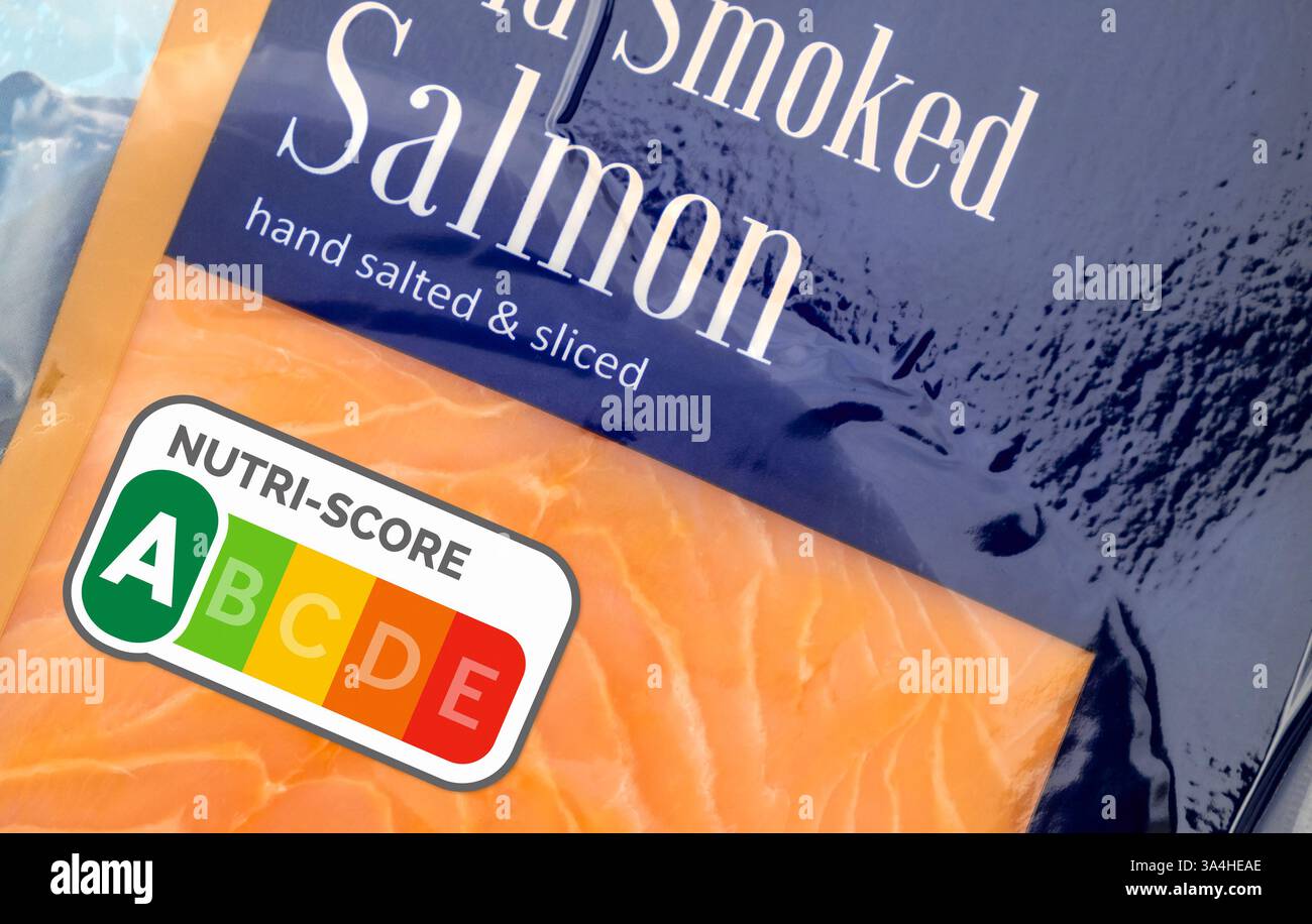 Nutri Score Europäisches Nährwertkennzeichen für Lebensmittel, gesundes Essen Score Symbol Stockfoto