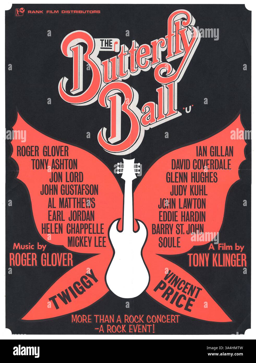 The Butterfly Ball, ein Rockmusikalisch von Roger Glover. Dies ist ein Siebdruck-Poster für die Kinoveröffentlichung des Live-Konzertfilms. Regie führte Tony Klinger. Mit Jon Lord, David Coverdale, Glenn Hughes und Ian Gillan von Deep Purple, mit Tony Ashton, Vincent Price und Twiggy. Rangfolge Von Filmvertreibern Stockfoto