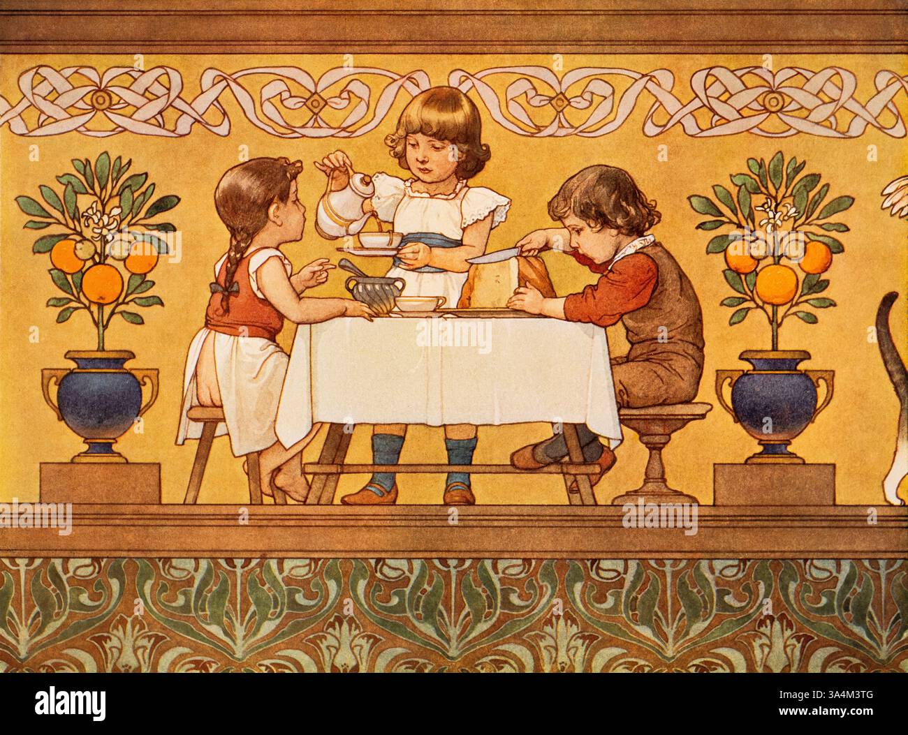 Kinderfries Morgen Kinderszene, Morgen, Aquarellmalerei von Wiener Kunstprofessor Georg Sturm aus Dekorative Vorbilder XIII, 1902 Stockfoto