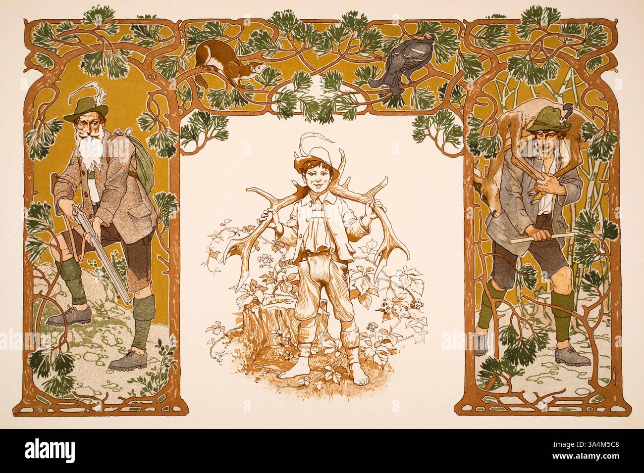 Jagdmotive Jagdmotive Themengrenze und zentrales Motiv von Wiener Kunstprofessor Georg Sturm aus Dekorative Vorbilder XIII, 1902 Stockfoto