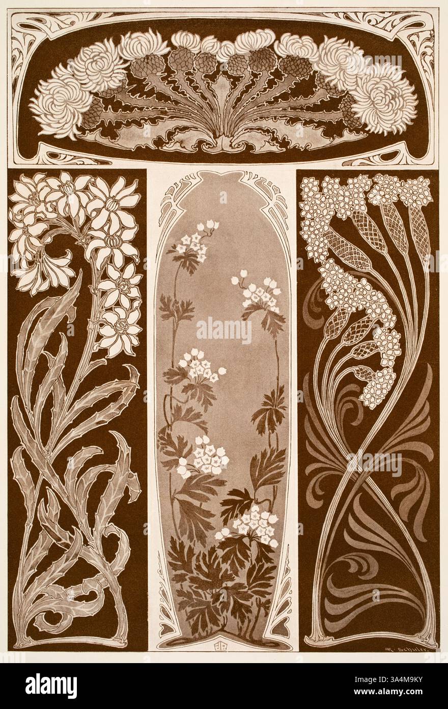 Pflanznliche Fullungen, Kräuterfüllungen, Jugendstildekorationen des dänischen Künstlers Joseph Pilters aus Dekorative Vorbilder XIII, 1902 Stockfoto