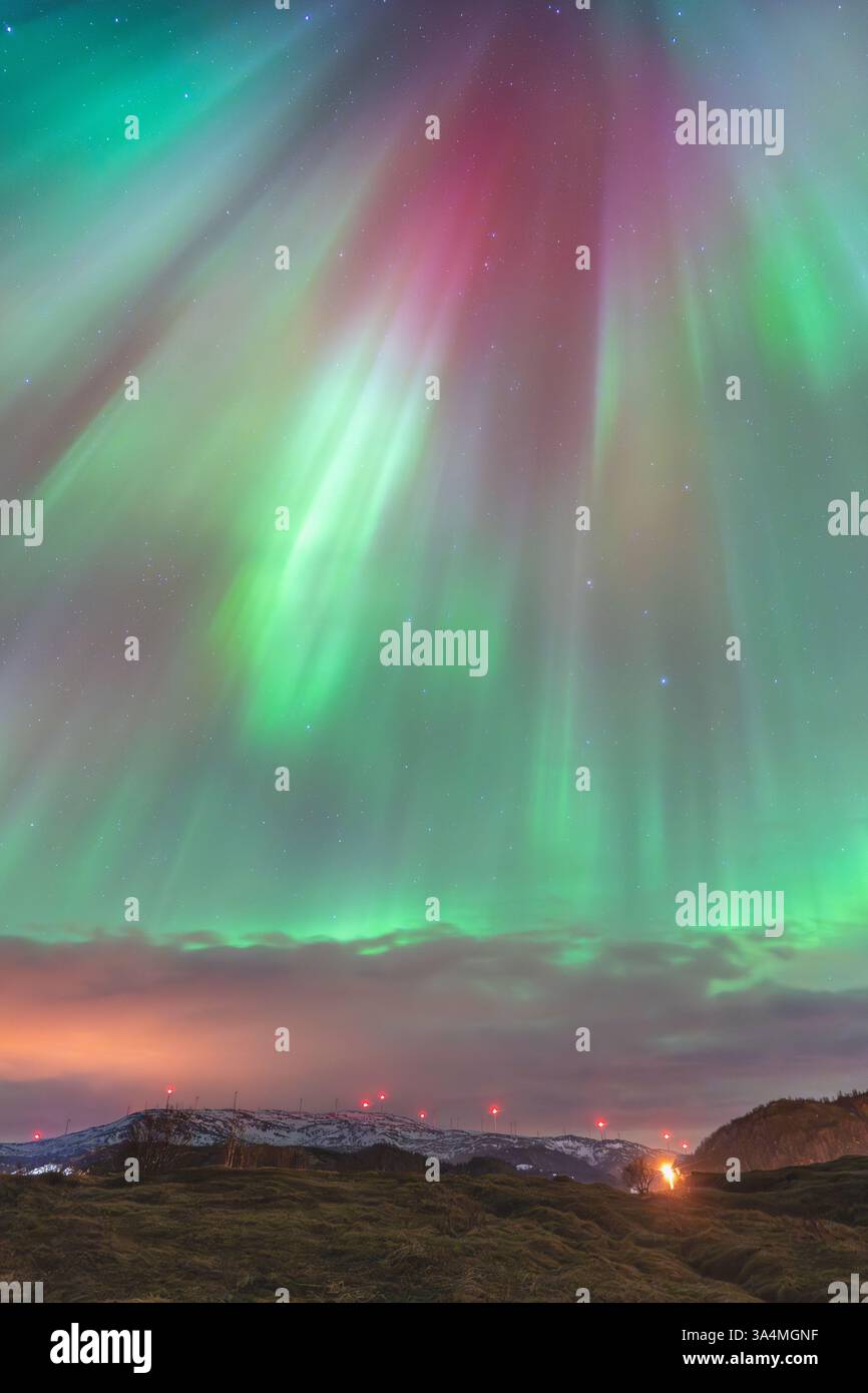 Wunderschöne Aurora Borealis über der Insel Kvaløya, tanzende Nordlichter, die sich in den Gewässern des Nordatlantiks spiegeln, grünes Licht am Himmel Stockfoto