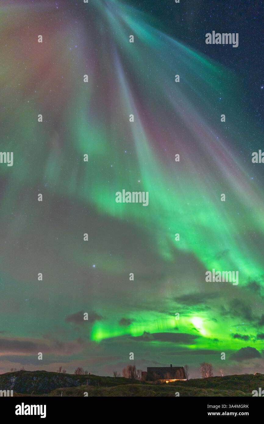 Wunderschöne Equinox Aurora Borealis über der Insel Hillesøya, tanzende Nordlichter mit klaren farbigen Lichtstrahlen, geschütztes Haus auf einem Hügel Stockfoto