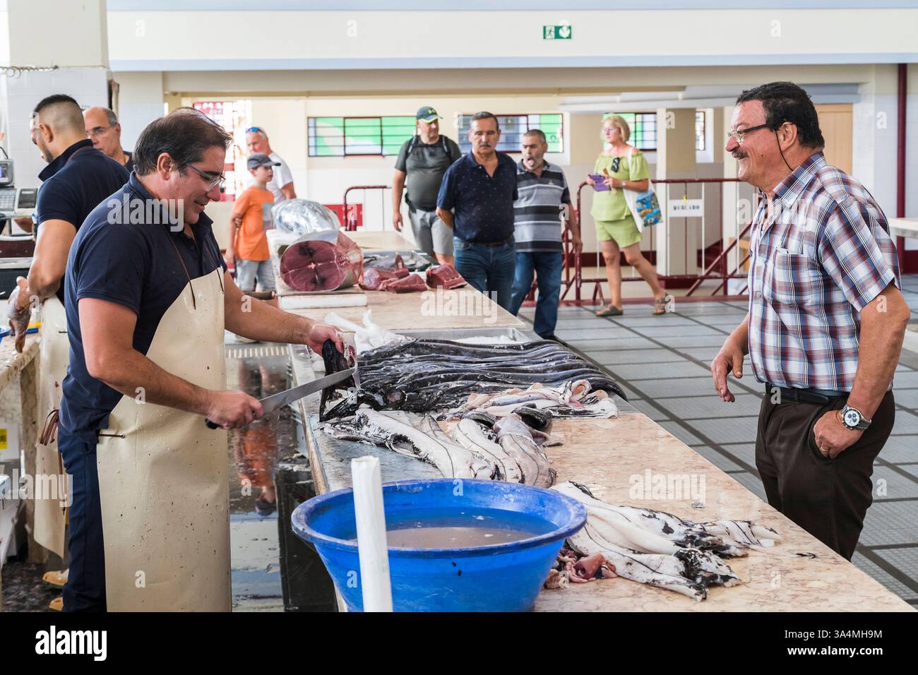 Männer reden über eine Fischtheke. Stockfoto