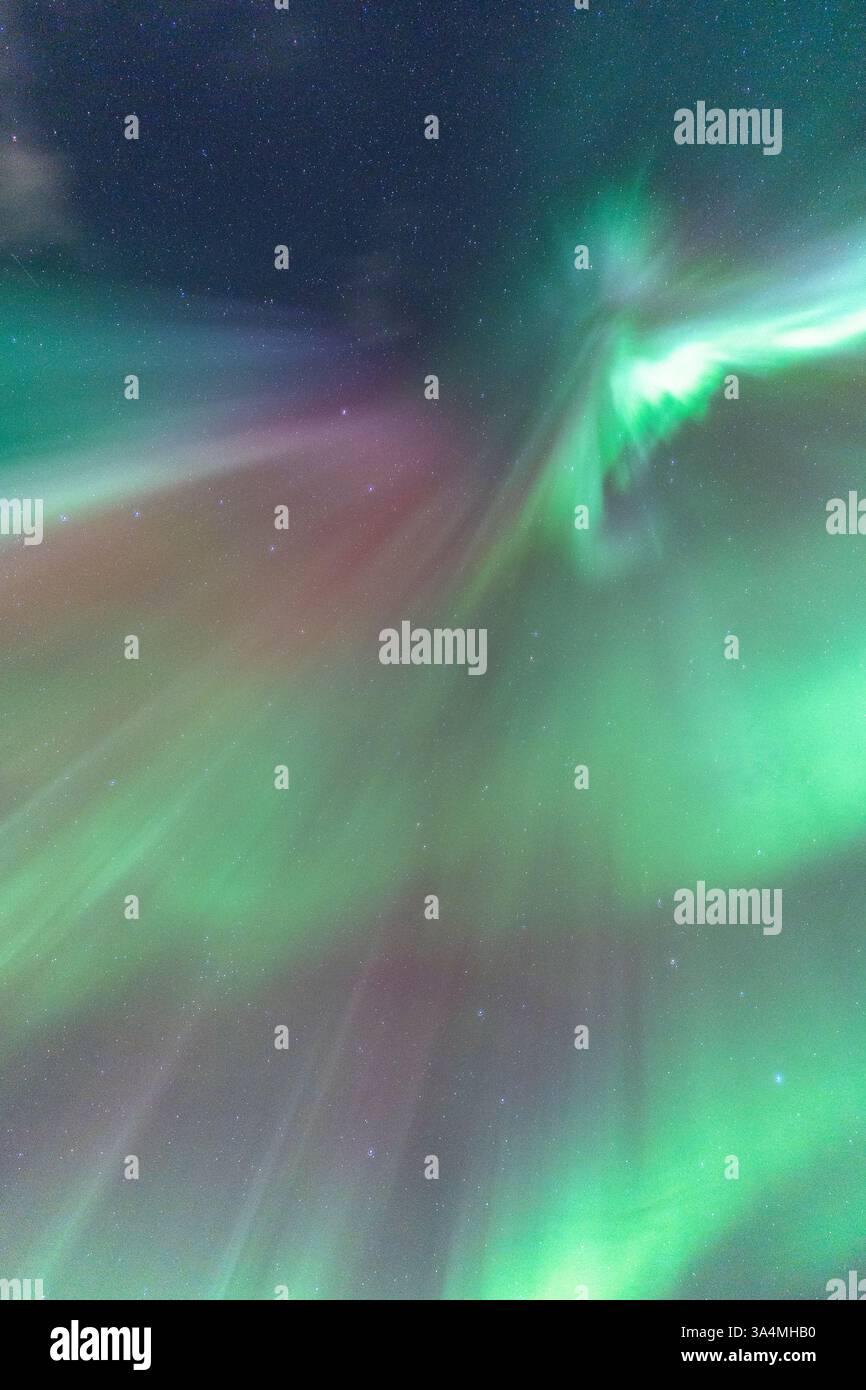 Nordlichter am Himmel, himmlische aurora Borealis in Grün, Lila und Rot über dem Kopf! Erstaunlich und schön, unglaublich stark und tanzend Stockfoto