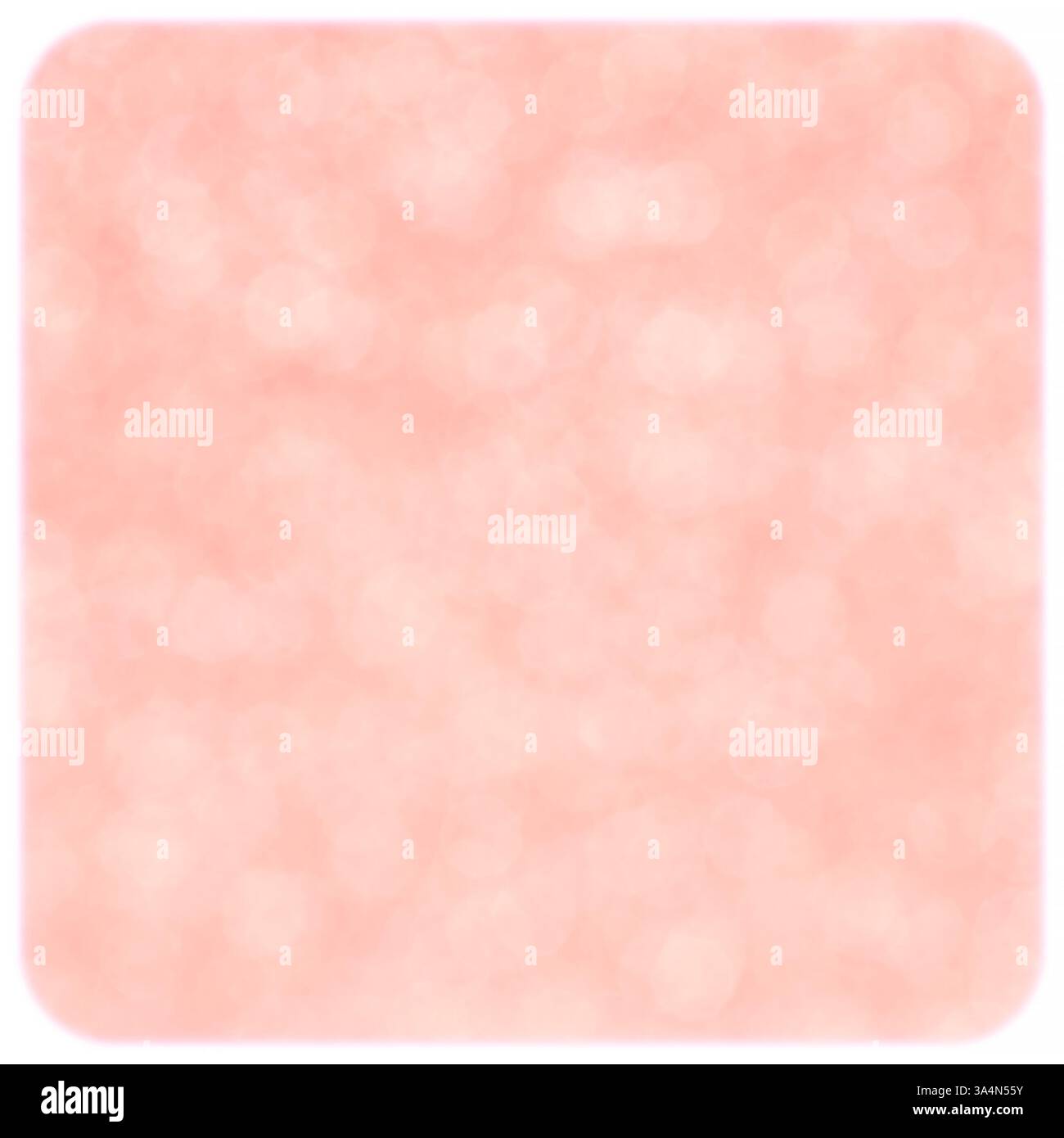 Abstrakter quadratischer Feiertagshintergrund: Rosafarbene Bokeh-Textur mit abgerundeten Ecken gegen weiß Stockfoto