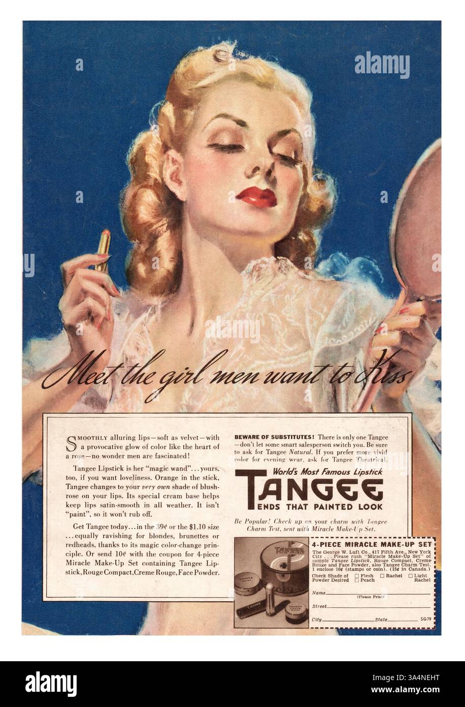 Tangee Lippenstift und Kosmetikwerbung aus den 1930er Jahren Stockfoto