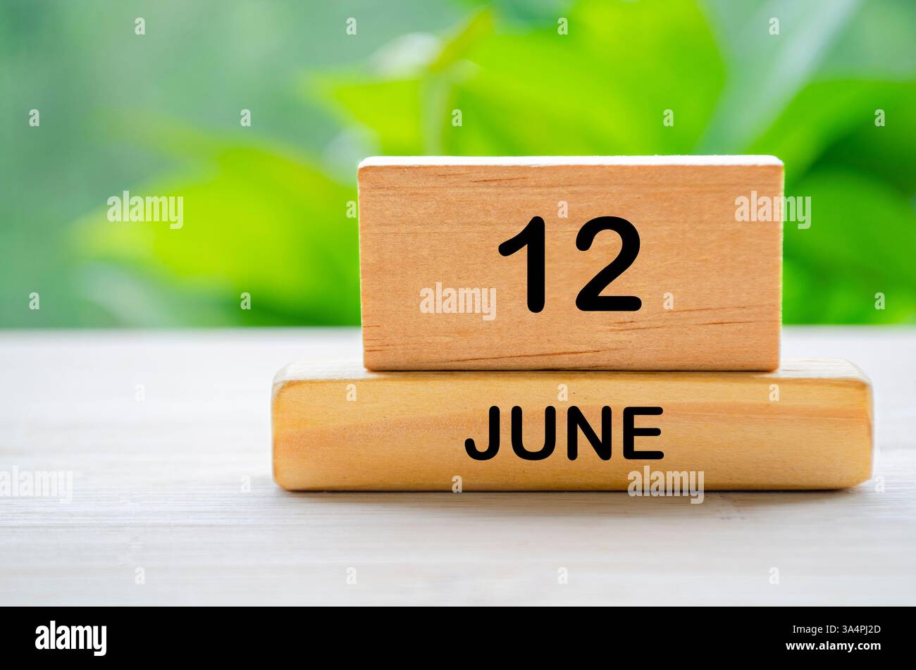 12. Juni Holzkalender mit anpassbarem Platz für Text oder Ideen. Juni-Monat-Konzept Stockfoto