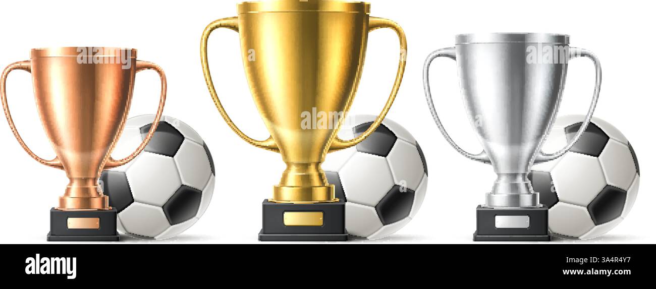 Trophäenbecher mit Fußballbälle. Siegerverleihung. 3D-Becher aus Gold, Silber und Bronze. Sportwettbewerb. Fußballklub. Turnier Stock Vektor
