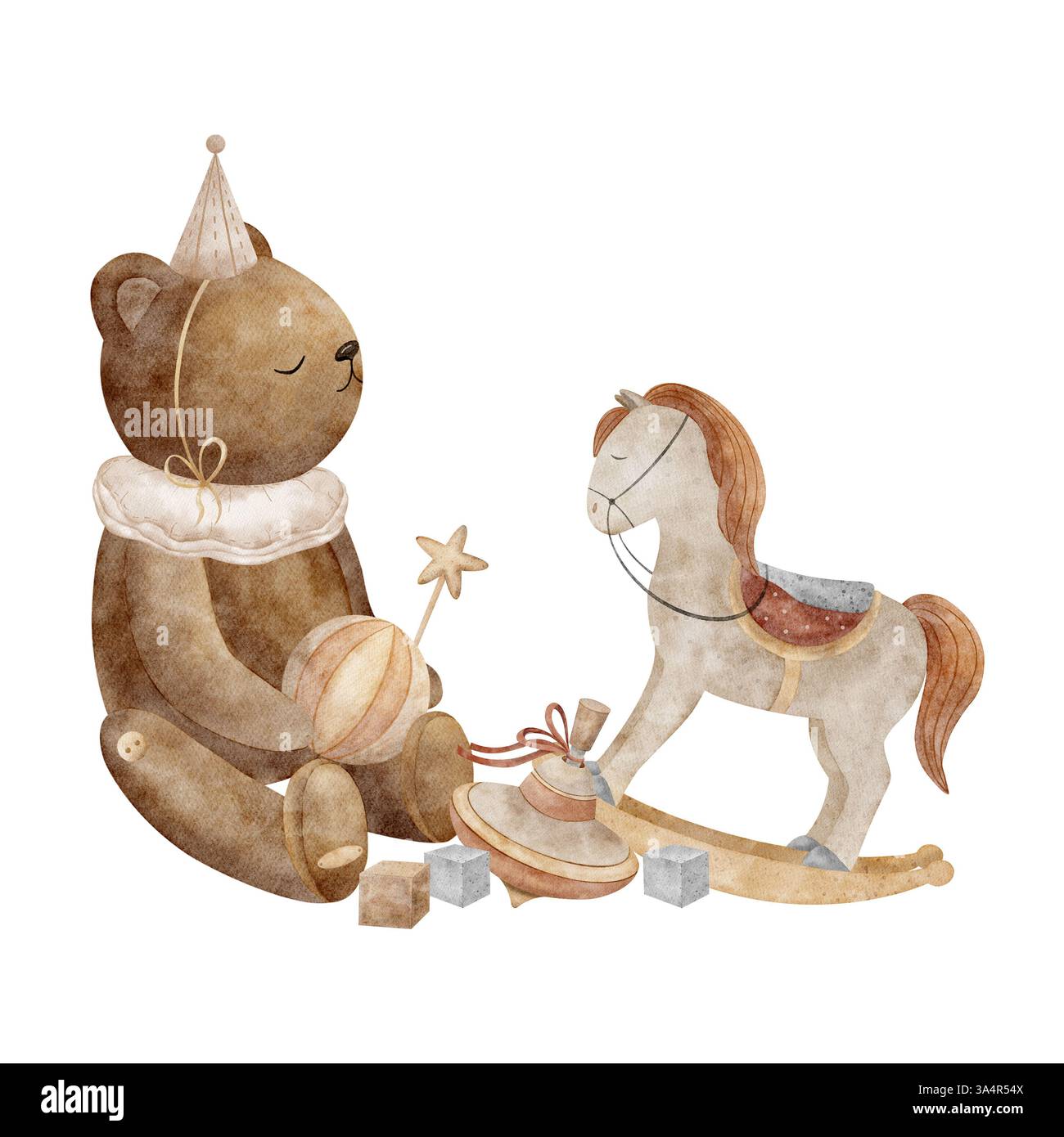 Vintage-Spielzeug Teddybär in Partyhut, Schaukelpferd, Ball, Spielwürfel für Kinder. Aquarellillustration im Retro-Stil auf isoliertem. Elemente für Stockfoto