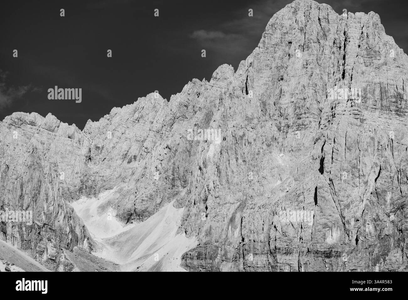 Black and White Mountain Cliff mit steilen Hängen – Gefahrenkonzept Stockfoto