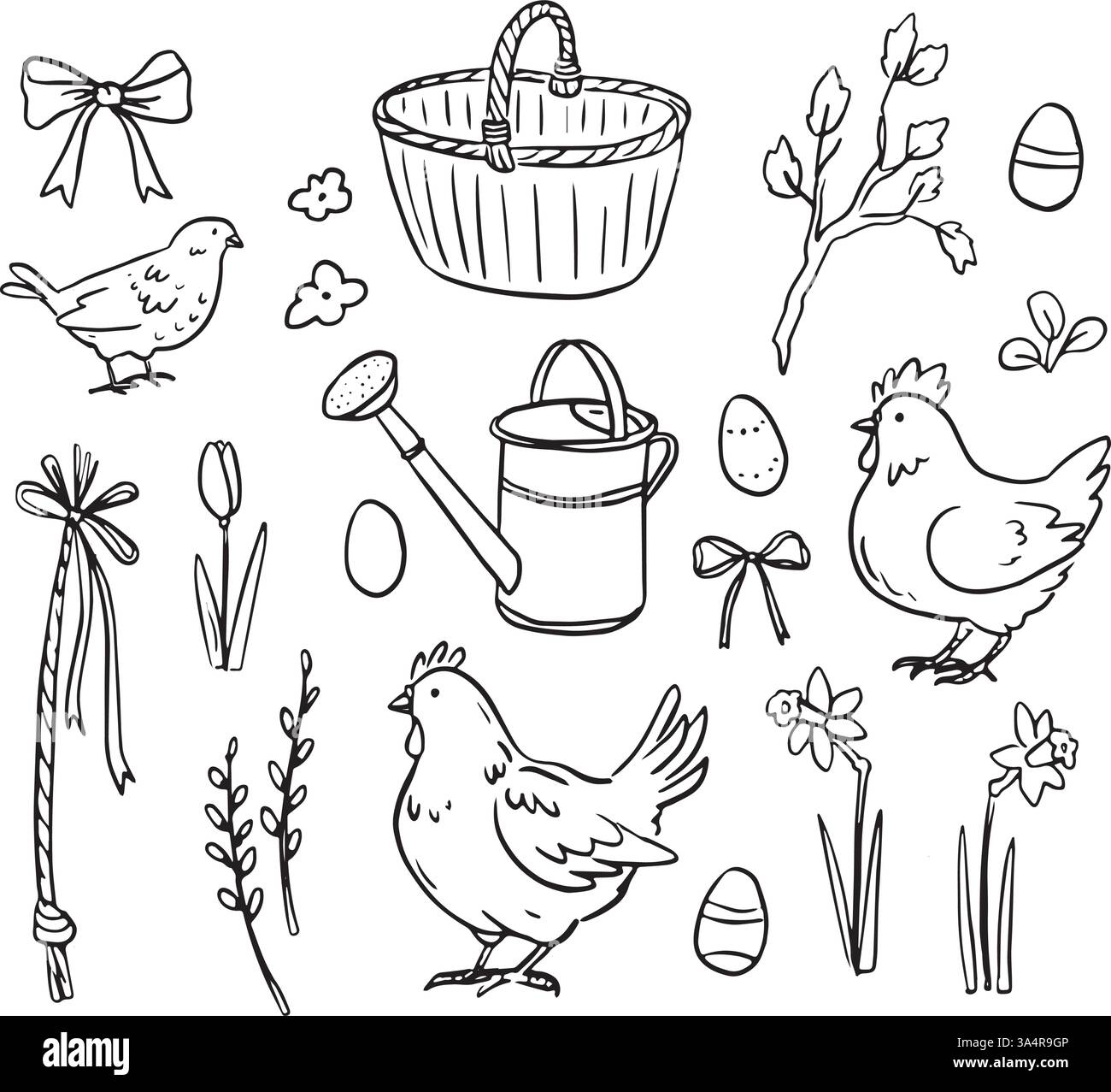 Set handgezeichneter Osterillustrationen. Nutztiere. Isolierte Federobjekte. Niedliche Hühner, Hühnervögel, Narzissen, Korbzweige. Linie Stock Vektor