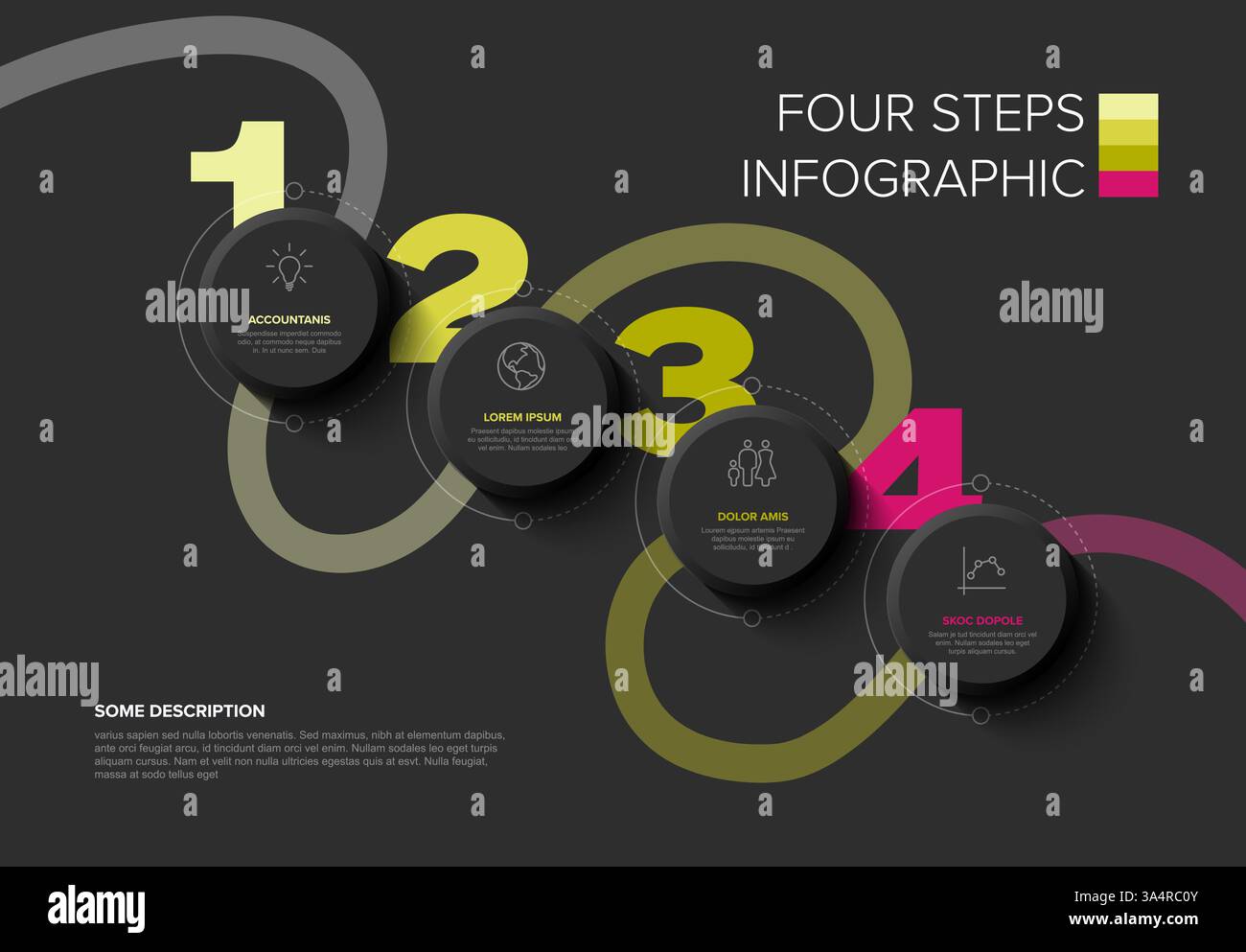 Eine moderne, vierstufige Infografik mit kreisförmigen Elementen und nummerierten Abschnitten auf Schwarz. Er zeichnet sich durch eine klare Typografie, Symbole und eine minimalistische Stilidee aus Stock Vektor