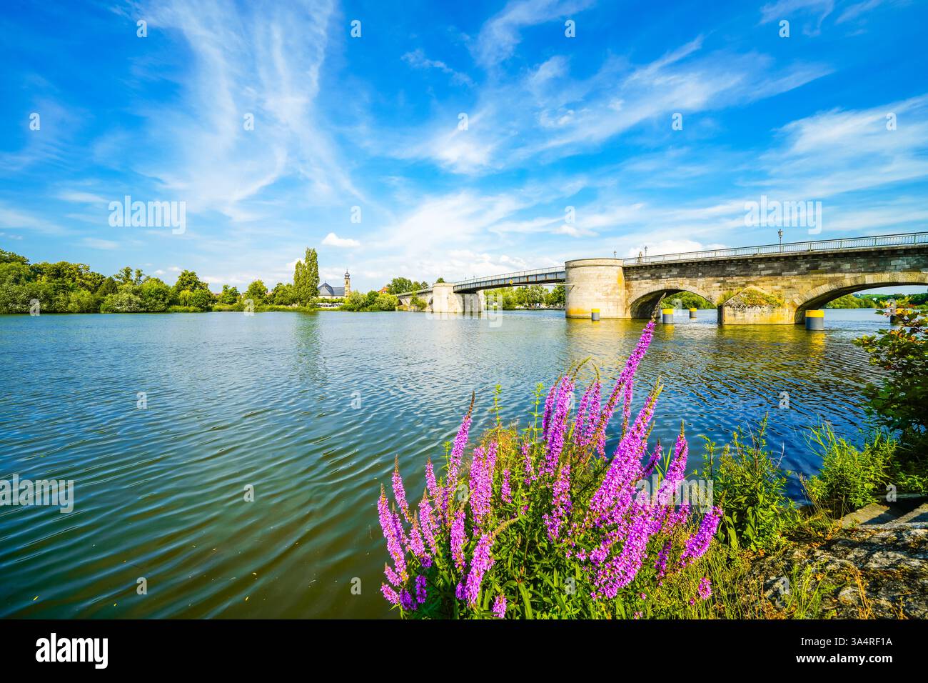 Blick auf den Main und die Alte Mainbrücke in Kitzingen. Mittelalterliche Steinbrücke der Stadt. Stockfoto