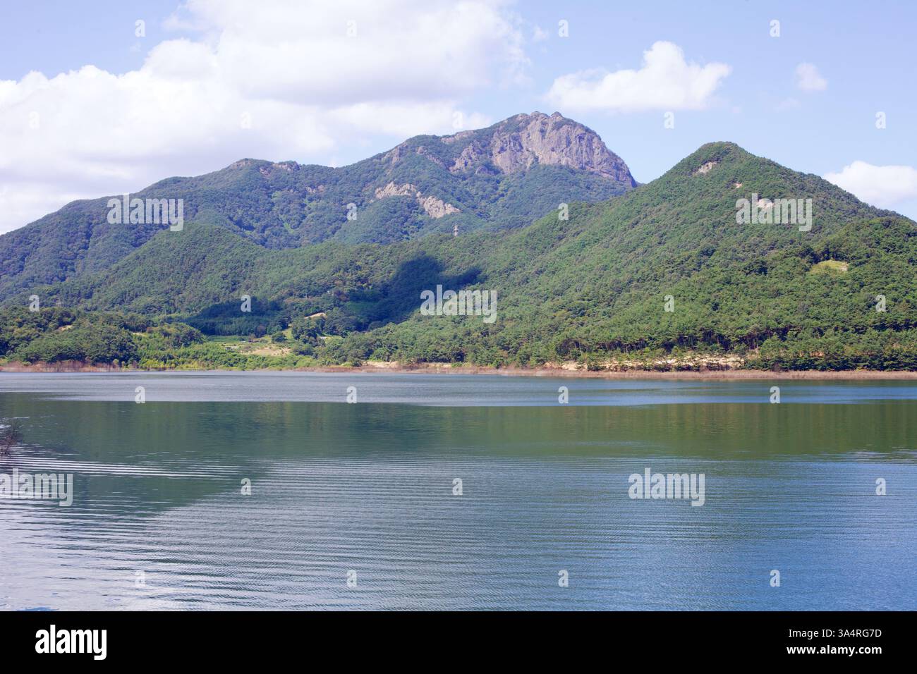 Damyang County, Südkorea - 23. September 2020: Das ruhige Wasser des Damyang Lake reflektiert die üppigen, bewaldeten Hänge des Jeonggak Mountain und bildet ein s Stockfoto