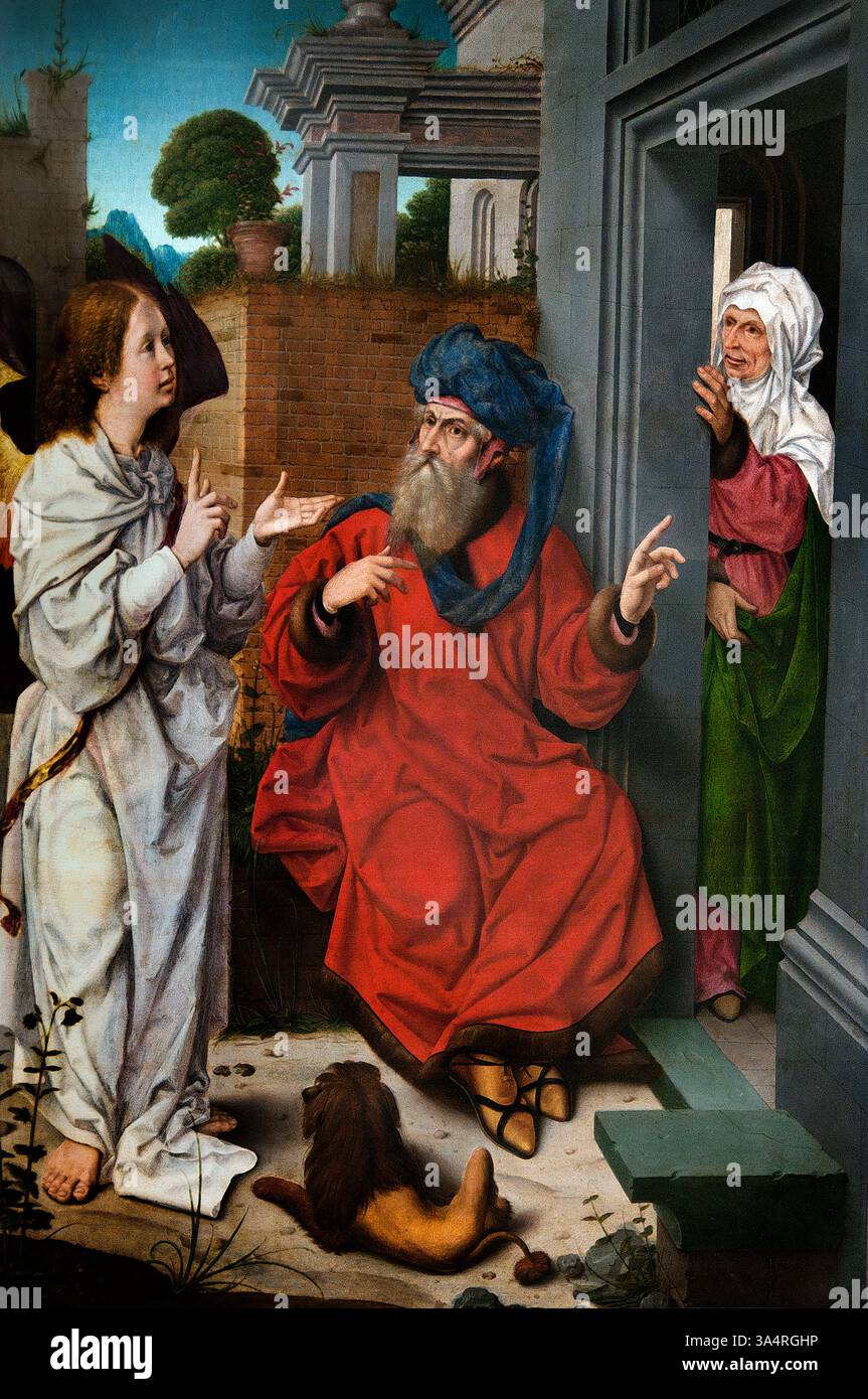 Abraham und Sarah der Engel von Jan Provost 1465 - 1529 Belgien Louvre France Fine Art Museum Paris. Sarah, im Alten Testament, Frau Abrahams und Mutter Isaaks. Sarah war kinderlos, bis sie 90 Jahre alt war. Gott versprach Abraham, dass sie „eine Mutter der Völker“ sein würde (1. Mose 17,16) und dass sie schwanger werden und einen Sohn gebären würde, aber Sarah glaubte nicht. Isaak, geboren von Sarah und Abraham in ihrem Alter, war die Erfüllung des Versprechens Gottes an sie. Stockfoto Abraham und Sarah der Engel von Jan Provost 1465 - 1529 Belgien Louvre France Fine Art Museum Paris. Sarah, im Alten Testament, Frau Abrahams und Mutter Isaaks. Sarah war kinderlos, bis sie 90 Jahre alt war. Gott versprach Abraham, dass sie „eine Mutter der Völker“ sein würde (1. Mose 17,16) und dass sie schwanger werden und einen Sohn gebären würde, aber Sarah glaubte nicht. Isaak, geboren von Sarah und Abraham in ihrem Alter, war die Erfüllung des Versprechens Gottes an sie. Stockfoto