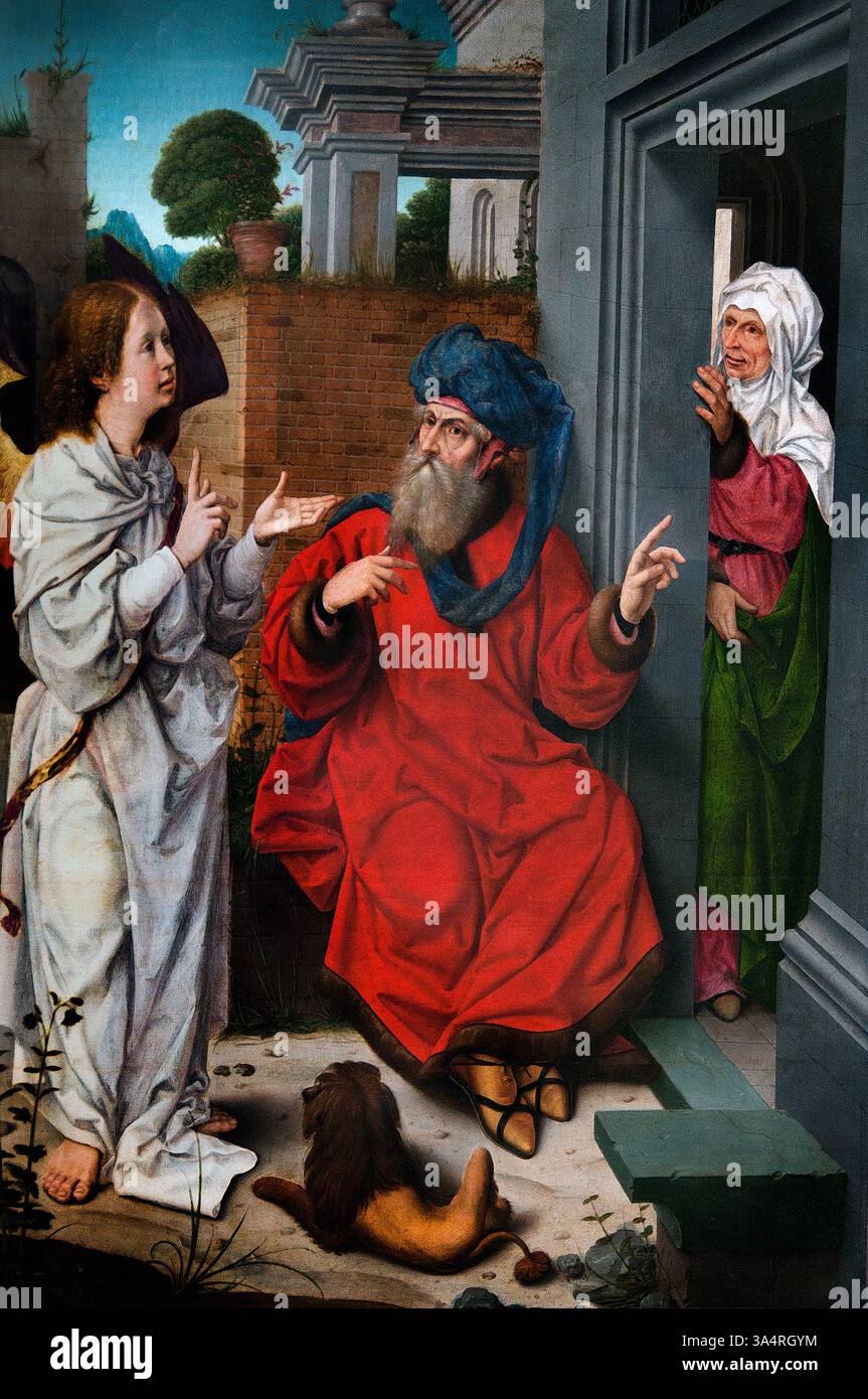 Abraham und Sarah der Engel von Jan Provost 1465 - 1529 Belgien Louvre France Fine Art Museum Paris. Sarah, im Alten Testament, Frau Abrahams und Mutter Isaaks. Sarah war kinderlos, bis sie 90 Jahre alt war. Gott versprach Abraham, dass sie „eine Mutter der Völker“ sein würde (1. Mose 17,16) und dass sie schwanger werden und einen Sohn gebären würde, aber Sarah glaubte nicht. Isaak, geboren von Sarah und Abraham in ihrem Alter, war die Erfüllung des Versprechens Gottes an sie. Stockfoto Abraham und Sarah der Engel von Jan Provost 1465 - 1529 Belgien Louvre France Fine Art Museum Paris. Sarah, im Alten Testament, Frau Abrahams und Mutter Isaaks. Sarah war kinderlos, bis sie 90 Jahre alt war. Gott versprach Abraham, dass sie „eine Mutter der Völker“ sein würde (1. Mose 17,16) und dass sie schwanger werden und einen Sohn gebären würde, aber Sarah glaubte nicht. Isaak, geboren von Sarah und Abraham in ihrem Alter, war die Erfüllung des Versprechens Gottes an sie. Stockfoto