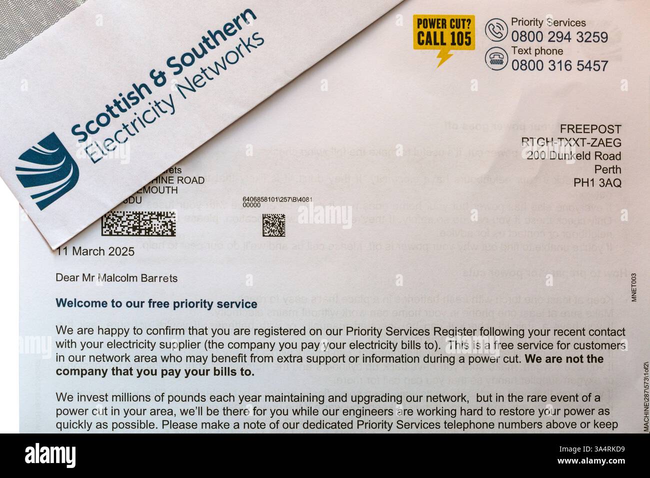 Willkommen zu unserem kostenlosen Priority Service Brief von Scottish & Southern Electricity Networks - Sie sind in unserem Priority Services Register registriert Stockfoto