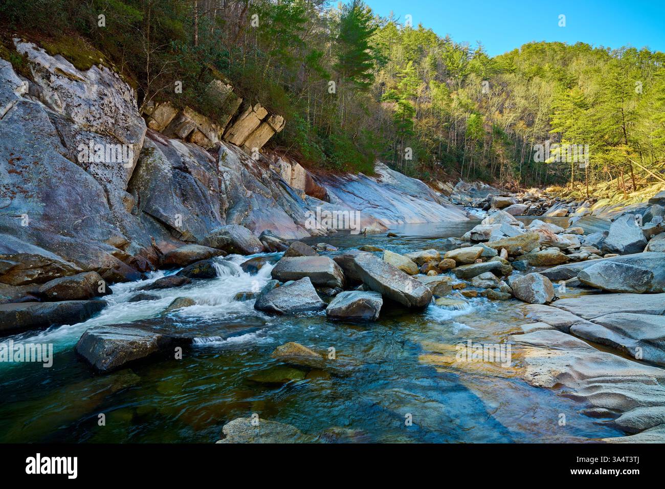 Felsiges Ufer des Wilson Creek nach Hurrikan Helene im Pisgah National Forest, NC. Stockfoto