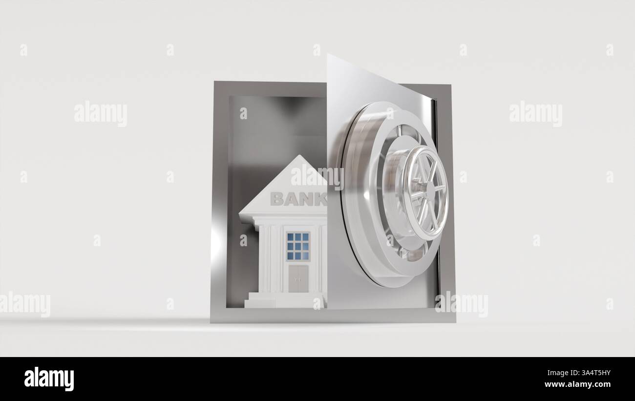 3D-Modell des Stahltresors mit runder Tür und rundem Schloss und im Inneren des Bankgebäudes auf weißem Hintergrund, zuverlässiger Safe und Bank Stockfoto
