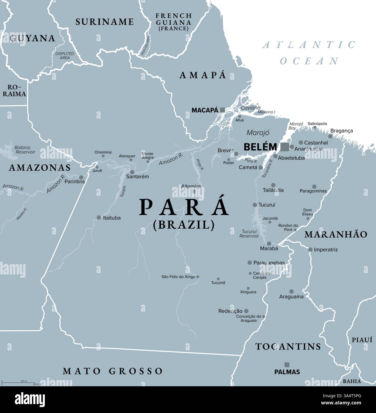 Para, ein Staat in Brasilien, graue politische Karte, mit Hauptstadt Belem. Durchquert vom Amazonasfluss. Stockfoto
