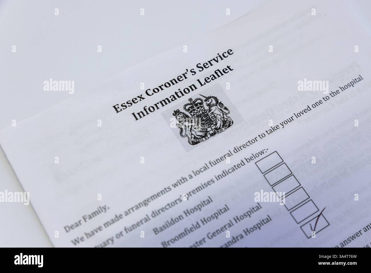 Essex Coroner Service Informationsblatt nach dem Tod eines Familienmitglieds Stockfoto
