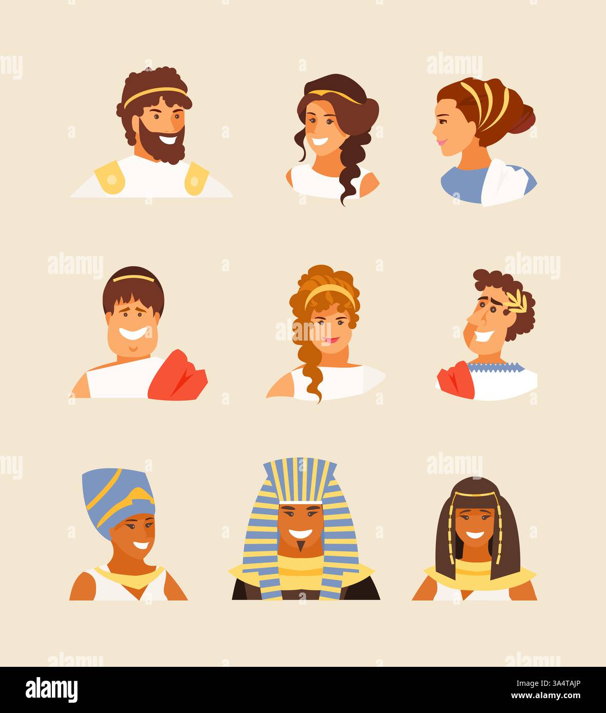 Porträts von alten Griechen, Römern und Ägyptern. Erscheinungsbild und Frisuren der Antike. Vektorabbildung Stock Vektor