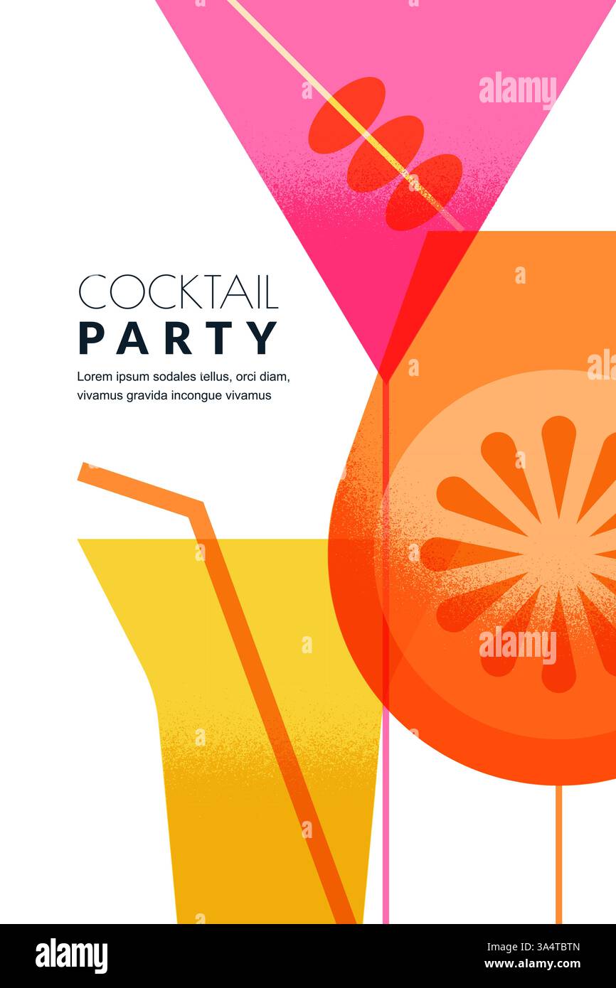Vertikales Poster, Banner, Party-Einladung Hintergrund mit bunten Cocktails. Illustration der Vektorabwicklung. Abstrakte geometrische Gestaltung für alkoholische Getränke Stock Vektor
