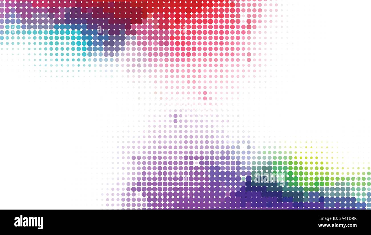 Farbenfroher abstrakter Vektorhintergrund mit Halbtonpunkten, die globale Karte und Mosaikmuster mischen. Perfekt für digitale Kunst, Design und Tapeten. Stock Vektor