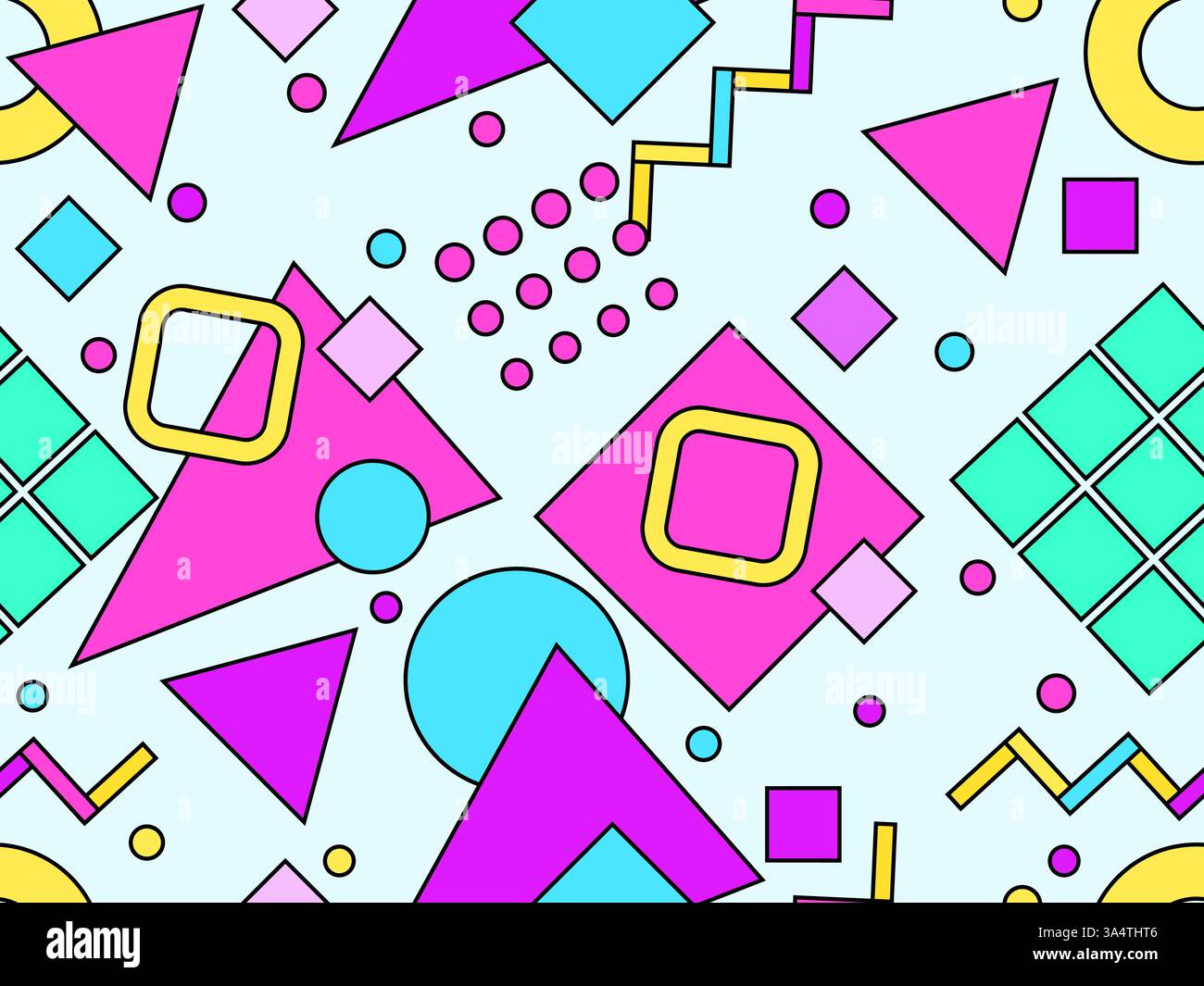 Nahtloses Muster mit farbenfrohen geometrischen Formen und schwarzer Umrandung. Geometrisches Muster mit Memphis-Elementen im Stil der 80er Jahre Stock Vektor