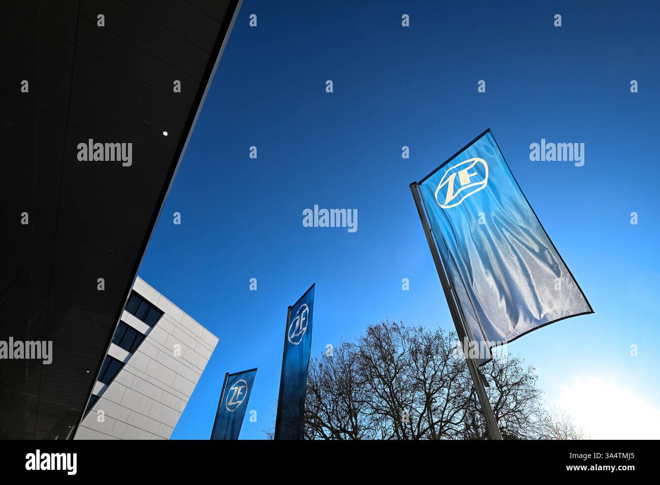 Friedrichshafen, Deutschland. März 2025. Fahnen mit dem ZF Friedrichshafen Logo fliegen vor dem ZF Friedrichshafen Forum. Quelle: Felix Kästle/dpa/Alamy Live News Stockfoto