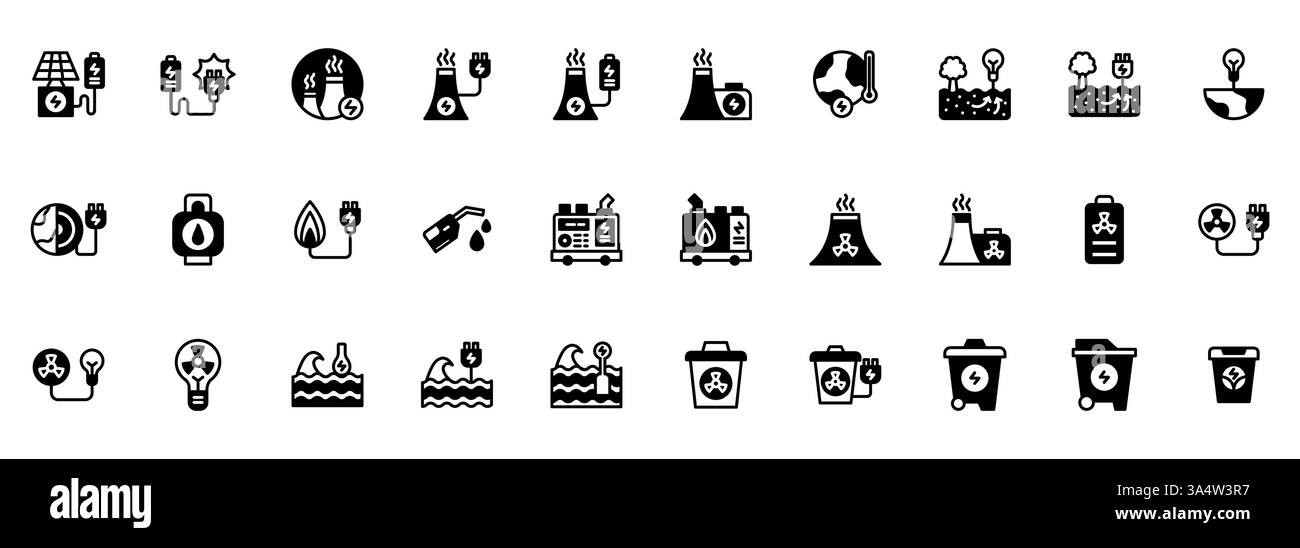 Symbol setzt erneuerbare Energie und Strom mit Solarenergie, Kernreaktor-Kraftwerk, Kraftwerksindustrie, Wellenenergie, Geothermie und portabl Stock Vektor