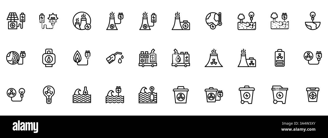 Symbol setzt erneuerbare Energie und Strom mit Solarenergie, Kernreaktor-Kraftwerk, Kraftwerksindustrie, Wellenenergie, Geothermie und portabl Stock Vektor