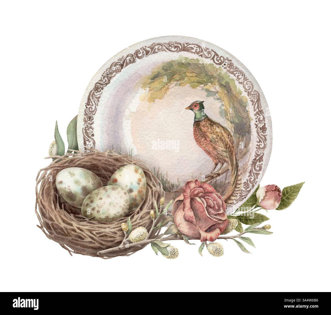 Vogelnest mit Ei und Porzellanplatte Aquarellillustration im Vintage-Stil. Festliches Geschirr mit rosa Rose und Weide. Handgezeichnete Kunst ideal für Stockfoto