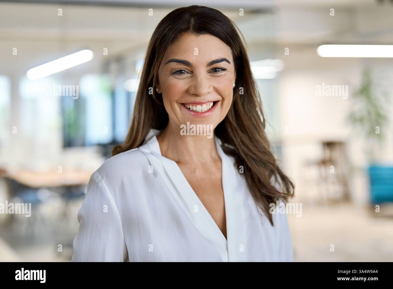 Glückliche, reife Führungskraft im Büro, die in die Kamera schaut. Kopfaufnahme im Porträt. Stockfoto