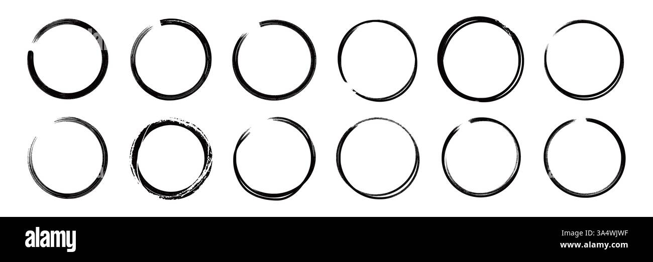 Pinselstrich Textur Kreis handgezeichnetes Elementset. Handgezeichneter Pinselstrich Kalligraphie-Rohlinienrahmen. Textur Kontur Kreis Hintergrund. Abstrakter Grunge-Stil mit Flecken. Vektorabbildung Stock Vektor