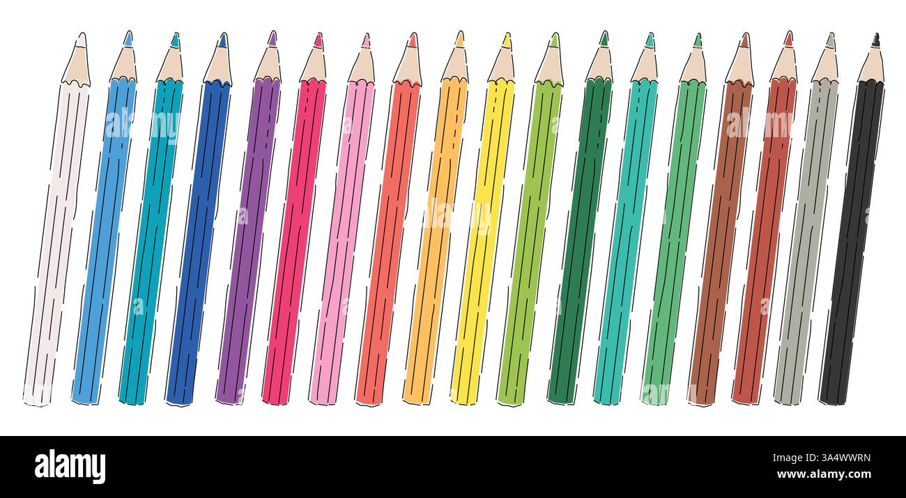 Farbstift Kontur buntes Clipart Set. Farbbleistift Schulartikel Clip Art für Kunstbedarf und Zeichenmarkierelemente in mehrfarbiger Kollektion Stock Vektor