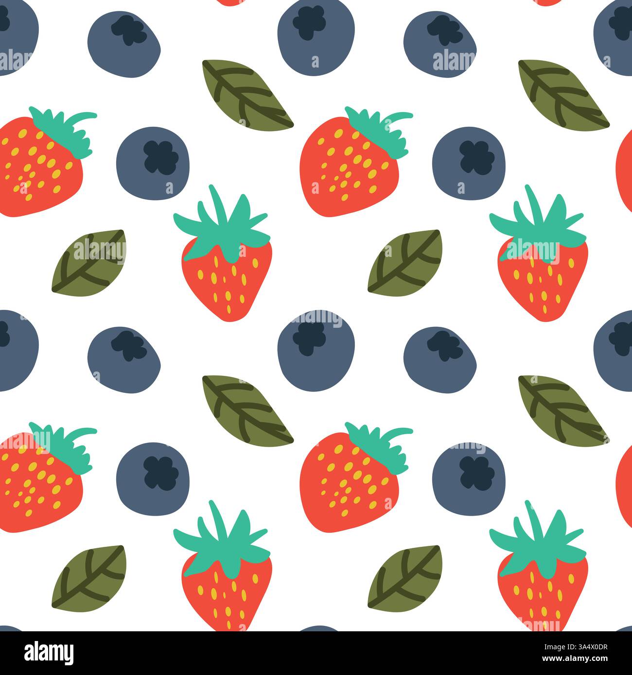 Buntes, handgezeichnetes Obst- und Blattmuster mit Erdbeeren und Heidelbeeren Stock Vektor
