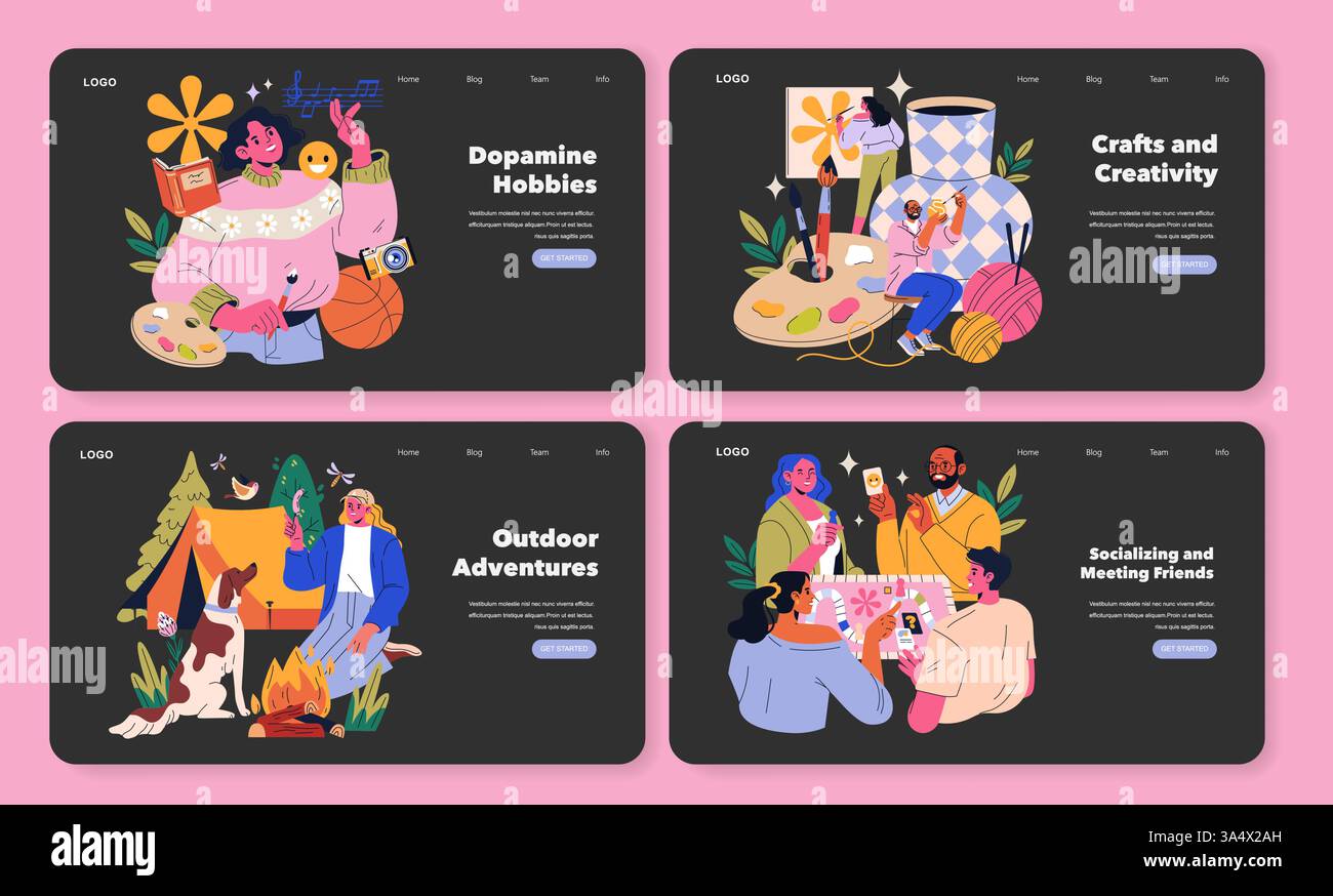 Dopamin-Hobbys zeigen Aktivitäten, die das Glück steigern und die Kreativität fördern. Die Teilnahme an Kunst, Kunsthandwerk und gesellschaftlichen Zusammenkünften fördert das geistige Wohlbefinden und fördert die Kontakte zu anderen. Vektorabbildung. Stock Vektor