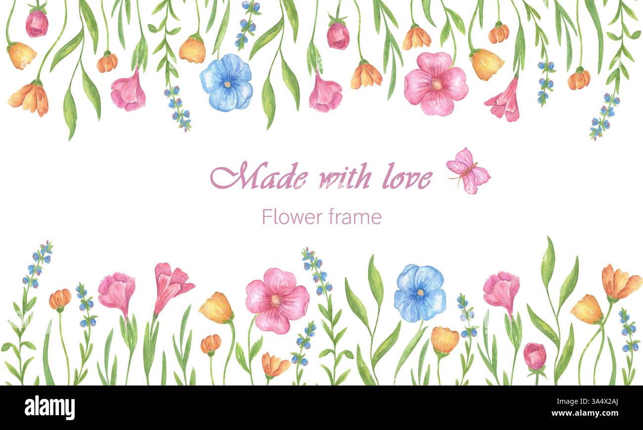 Ein horizontaler Rahmen aus hellen Sommerblumen, gelb, blau, rosa Veilchen, aus Aquarell. Elemente im Blumendesign. Elegante Blume Rahmen Illustration für Hochzeitseinladungen, Postkarten, Hintergrund Stockfoto