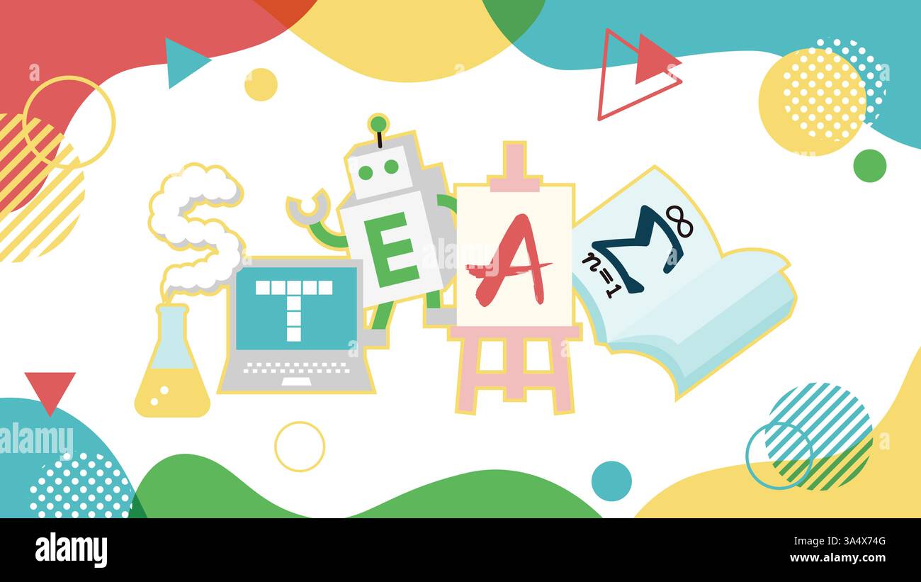 Ein knalliges und helles Titeldesign, das die DAMPFBILDUNG repräsentiert. Repräsentiert Wissenschaft, Technik, Ingenieurwesen, Kunst und Mathematik. Stock Vektor