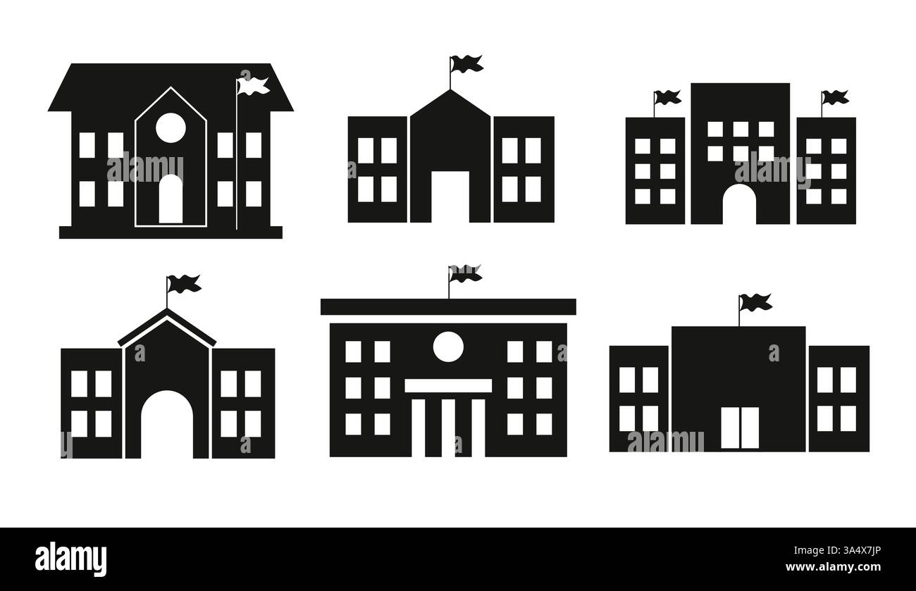 Clipart-Set für die Schulsilhouette. Schule Universität College Gebäude Clip Art in schwarz-weiß Klassenzimmer für Studenten und Schüler Sammlung Vektor Stock Vektor