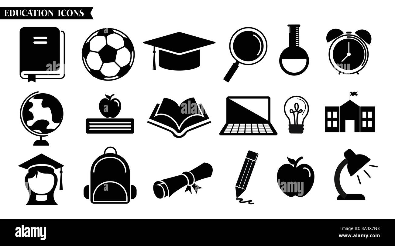 Clipart-Set mit Symbolen für Schulbildung. Schulelemente zeichnen Clips wie Bücher, Ball, Tasche, Uhr, Laptop und schwarze Silhouetten Stock Vektor