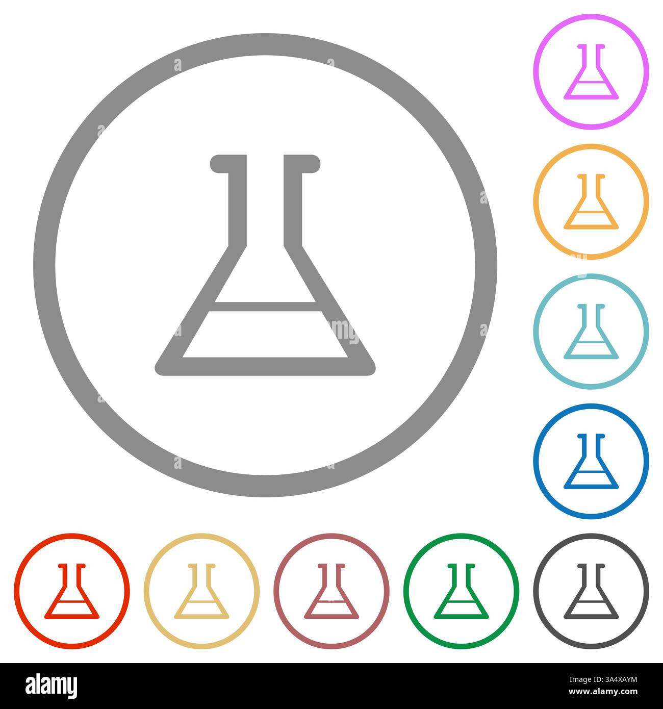 Erlenmeyerkolben flache farbige Symbole in runden Umrissen auf weißem Hintergrund Stock Vektor