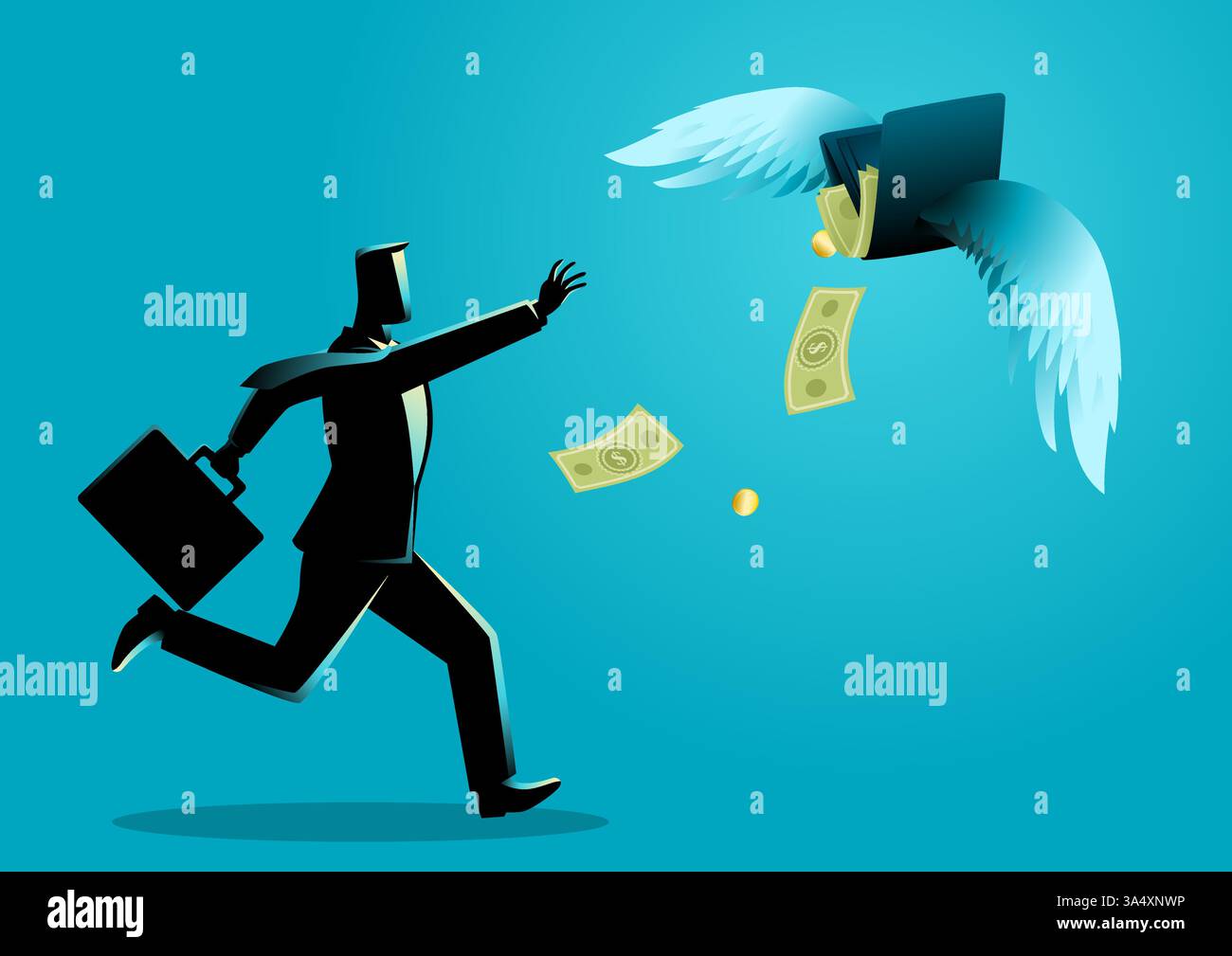 Geschäftsmann, der nach einer Brieftasche greift, die wegfliegt. Als Symbol für finanzielle Schwierigkeiten, steigende Ausgaben, Wirtschaftskrise, Inflation, persönliche Finanzen Stock Vektor