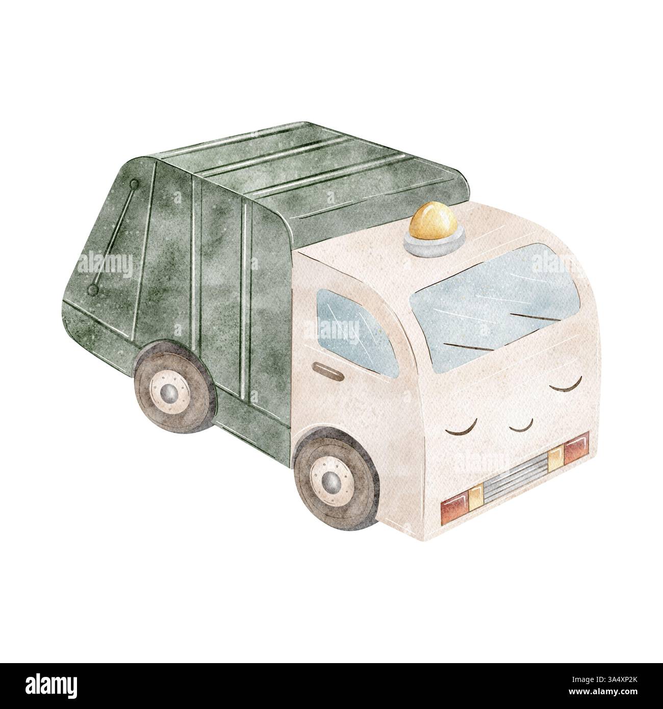 Stadtwagen Müllwagen grün. Aquarellillustration Kindertransport für Jungen. Hand gezeichnet im Cartoon-Stil isoliert auf weißem Hintergrund. Für Stockfoto