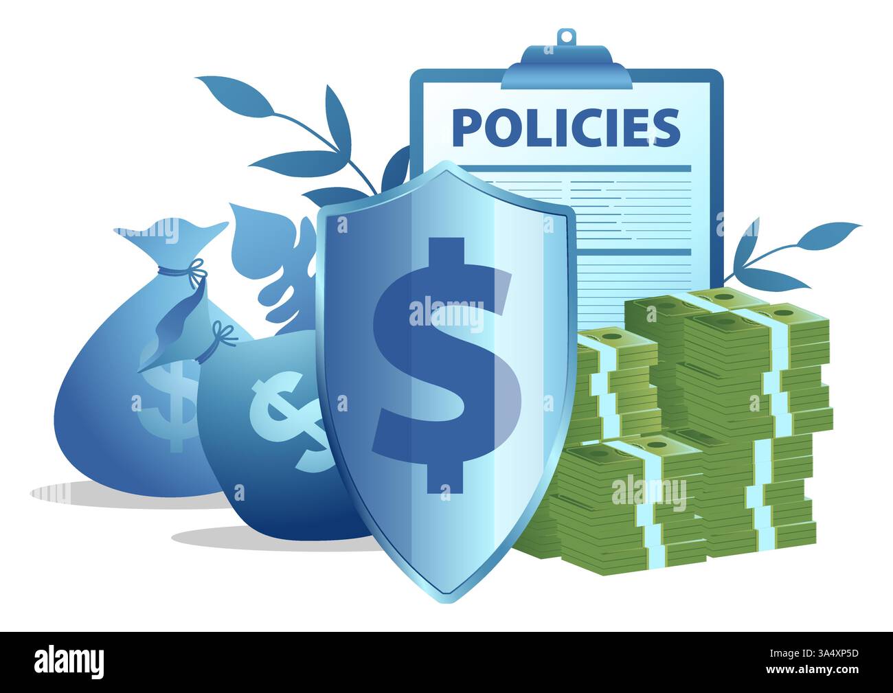 Schild mit einem Dollarsymbol, umgeben von Geldbeuteln, einem Stapel Bargeld, Versicherungsunterlagen und Blättern. Themen der finanziellen Sicherheit, Investitionen Stock Vektor