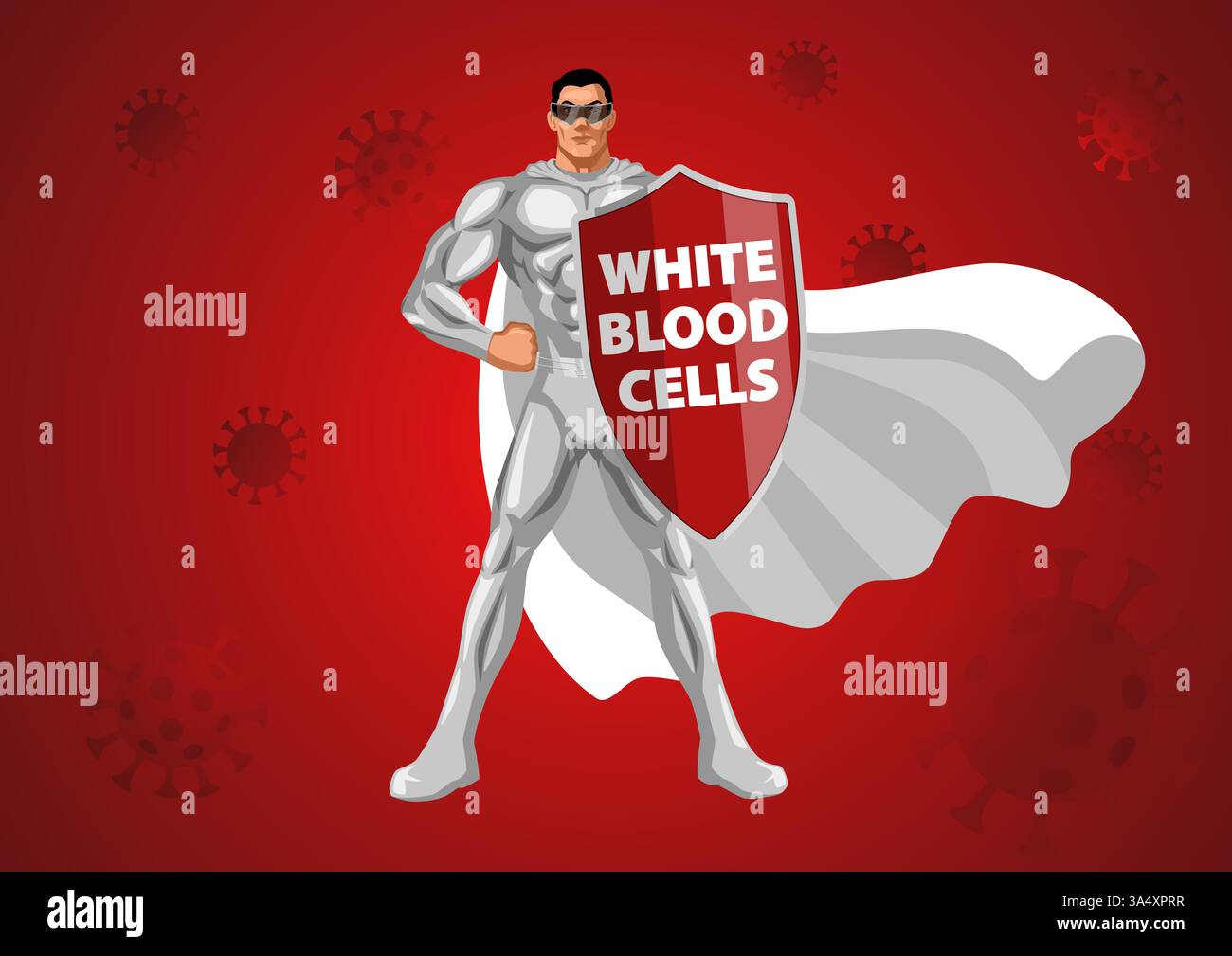 Mächtiger Superheld in weiß gekleidet, hält einen Schild mit weißen Blutkörperchen, symbolisiert Immunität, Antikörper und das körpereigene Abwehrsystem. Stock Vektor