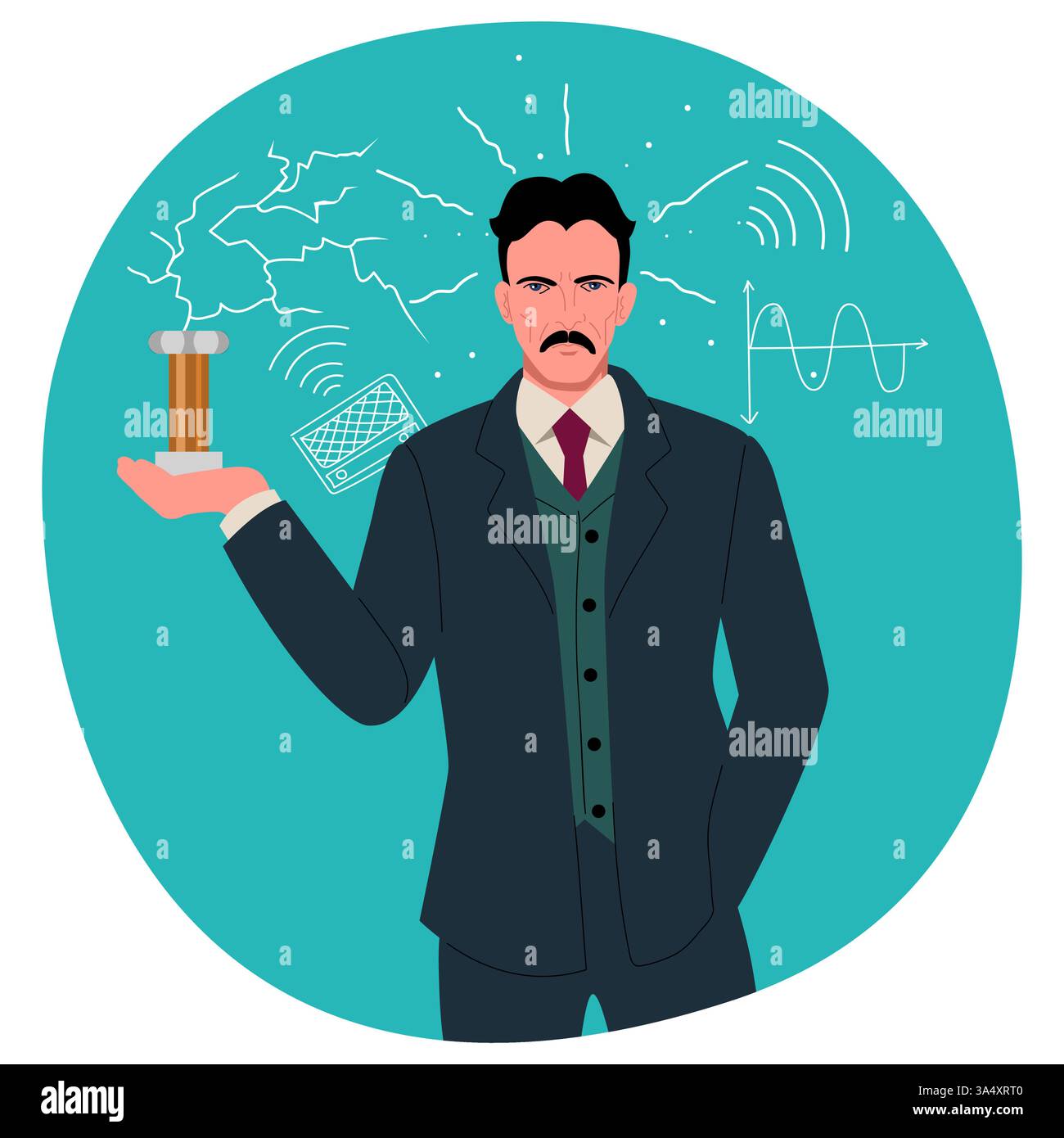 Clip-Art von Nikola Tesla, dem legendären Erfinder und Pionier der Elektrizitäts- und Drahtlostechnologie. Perfekt für Lehrmaterialien und kreative Co Stock Vektor