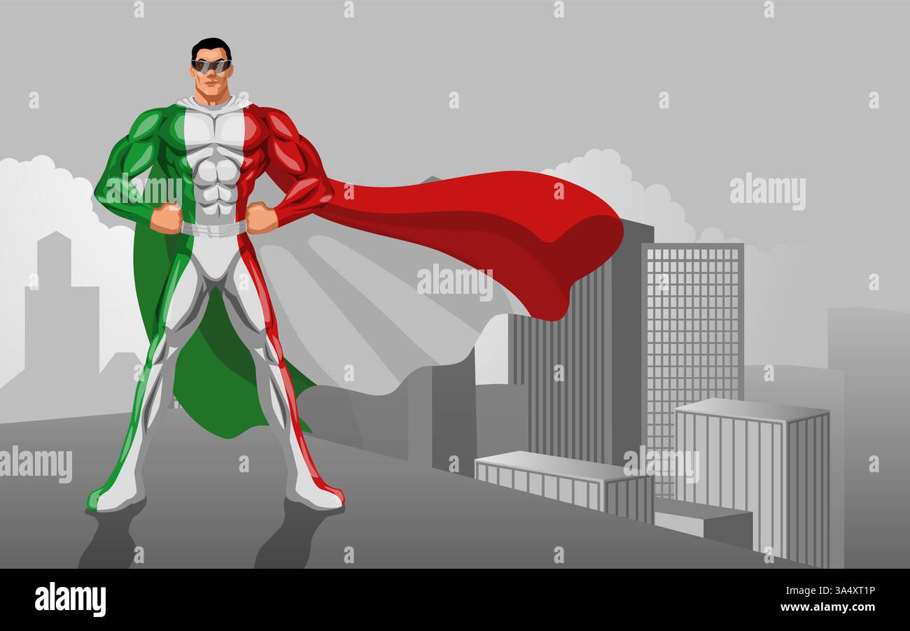 Muskulöser Superheld in einem Kostüm, das von italienischen Insignien inspiriert ist, steht heldenhaft auf einem Stadtgebäude Stock Vektor